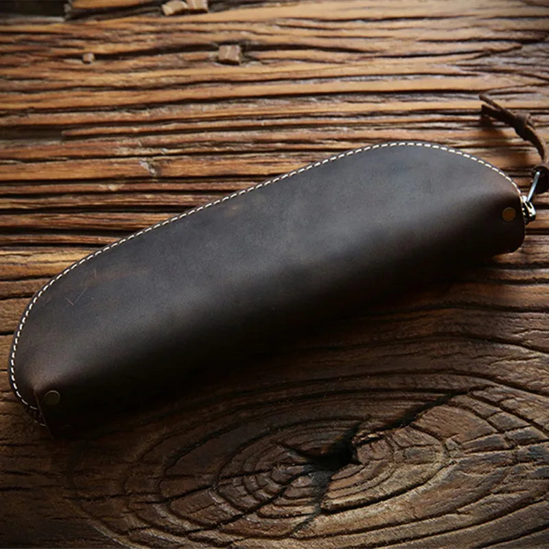 Vintage Crazy Horse Leather Pencil Bag Zipper Pen Case