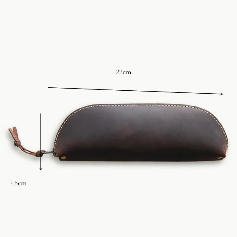 Vintage Crazy Horse Leather Pencil Bag Zipper Pen Case
