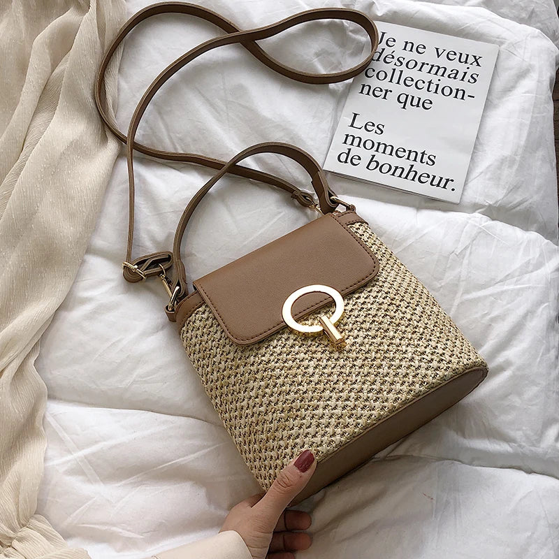 Straw Bucket Bag for Women Summer Crossbody Travel Purse Shoulder Bag