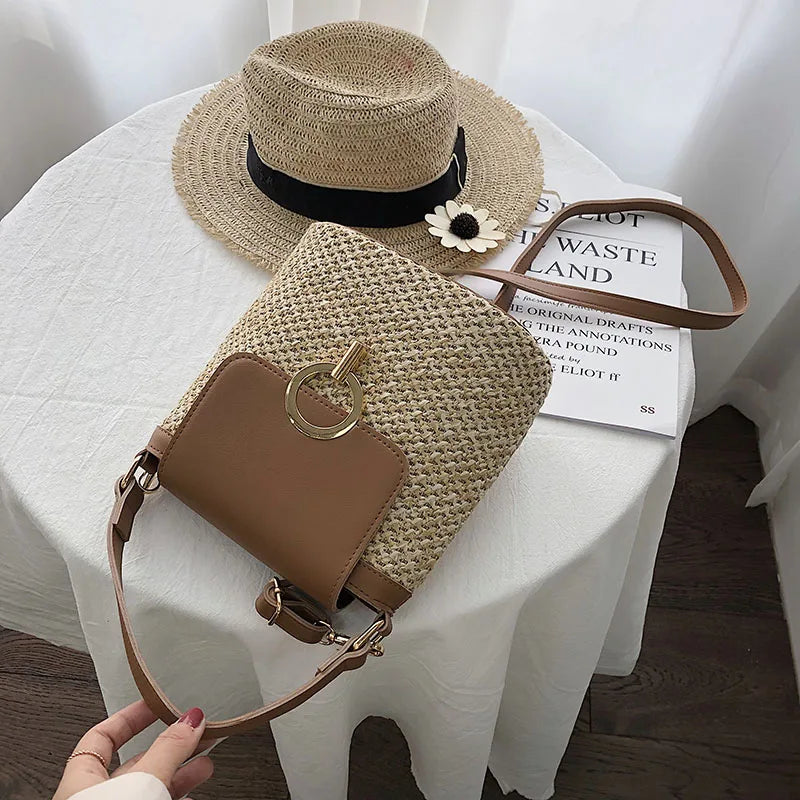 Straw Bucket Bag for Women Summer Crossbody Travel Purse Shoulder Bag