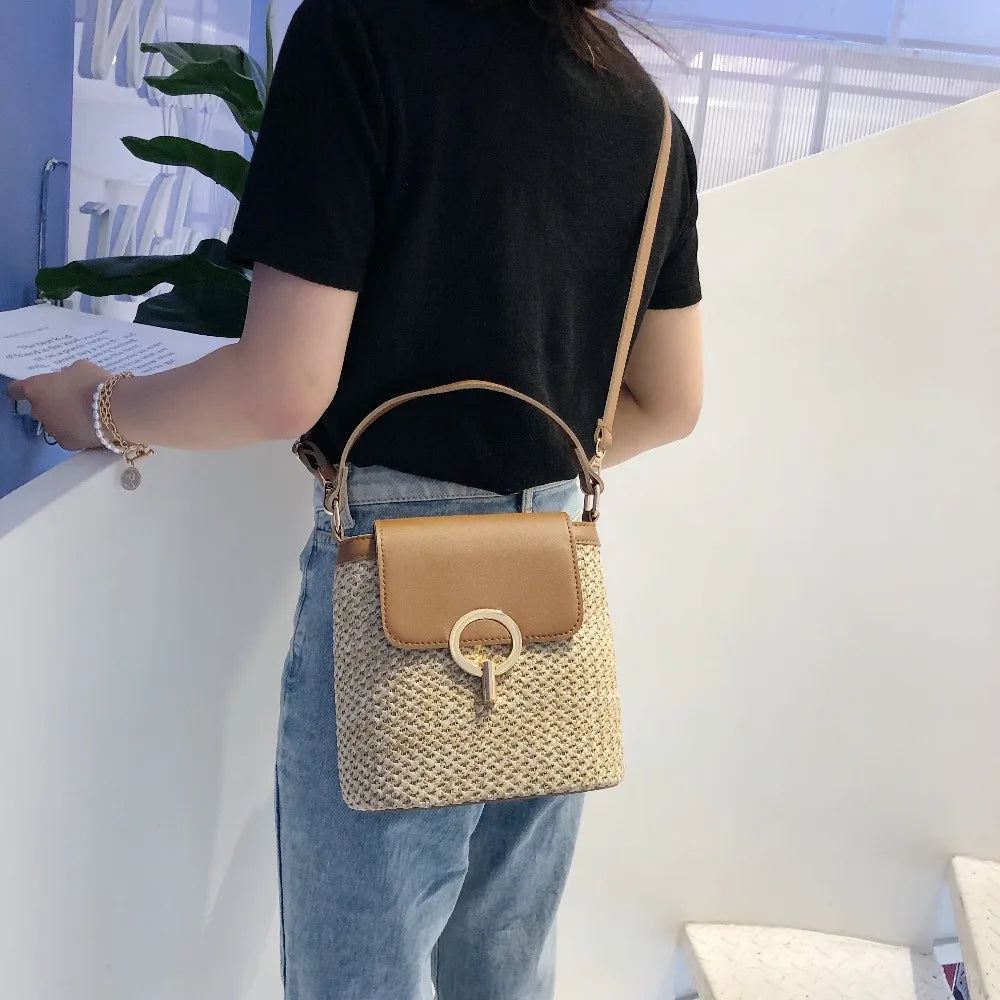 Straw Bucket Bag for Women Summer Crossbody Travel Purse Shoulder Bag