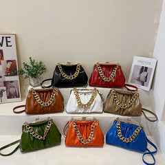 Thick Chain Pleated Shell Crossbody Bags Soft PU Leather Women Handbag