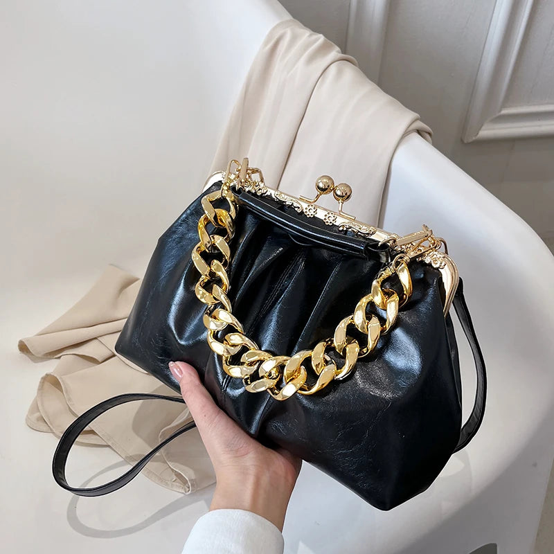Thick Chain Pleated Shell Crossbody Bags Soft PU Leather Women Handbag