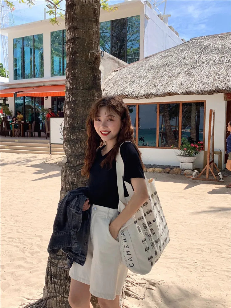 Canvas Shoulder Bag Retro Camera Print Shopping Bag School Eco Handbag