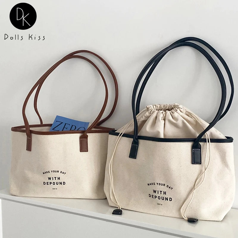 Retro Canvas Shoulder Bag with PU Stitching for Women