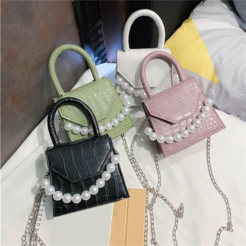 Women's Pearl Travel Bag Mini PU Leather Shoulder Bags Stone Pattern Crossbody
