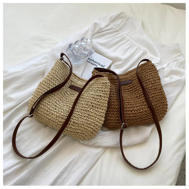 Ladies Straw Crossbody Beach Bag Woven Shoulder Handbag