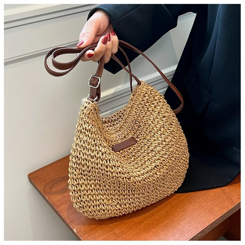 Ladies Straw Crossbody Beach Bag Woven Shoulder Handbag