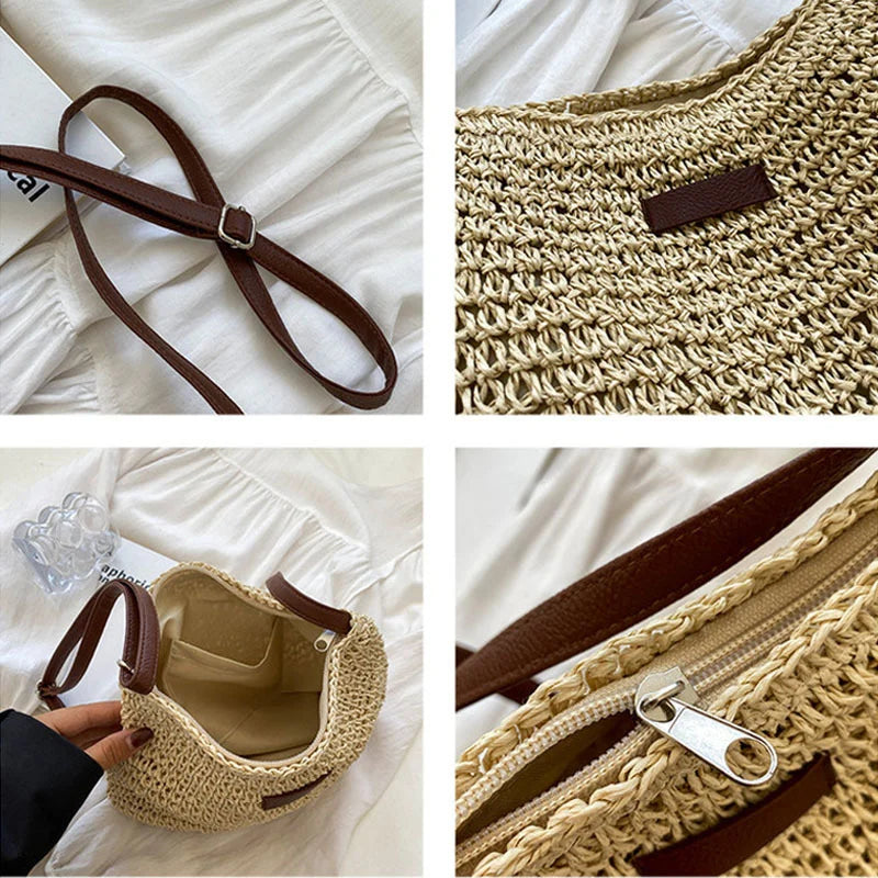 Ladies Straw Crossbody Beach Bag Woven Shoulder Handbag