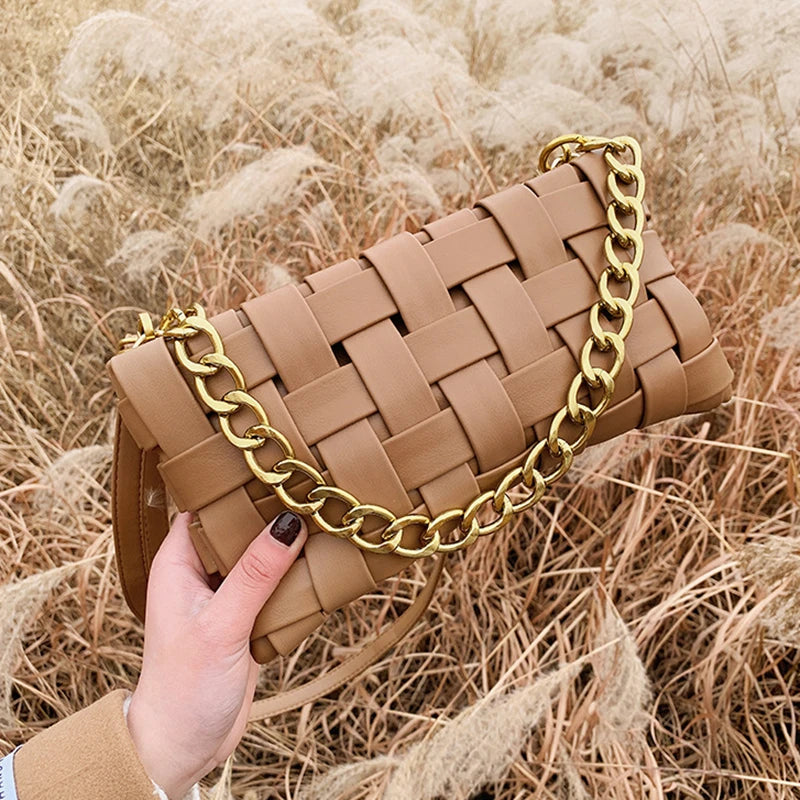 Woven Thick Chain Handbag Zipper Shoulder Strap Messenger Bag