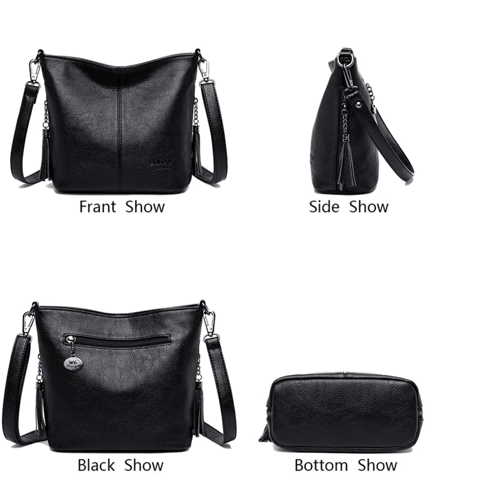 Women Crossbody Bag Leather Tassels Shoulder Bucket Purse