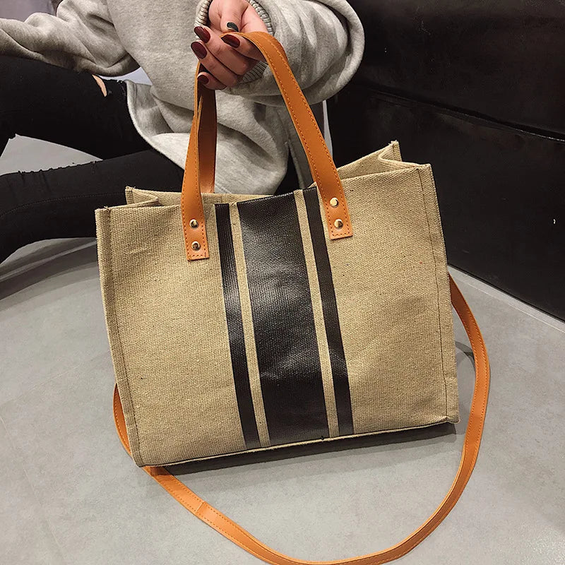 Ladies Canvas Business Commuter Shoulder Bag Stripe Hit Briefcase