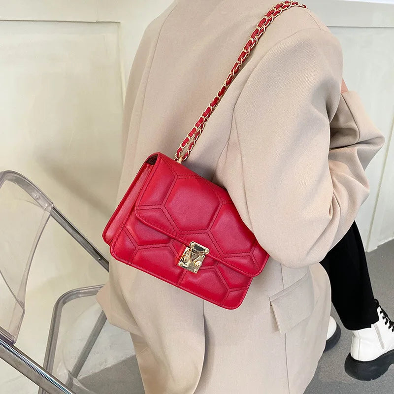 Embroidered Lock Chain Messenger Bag Small Square Shoulder Bag