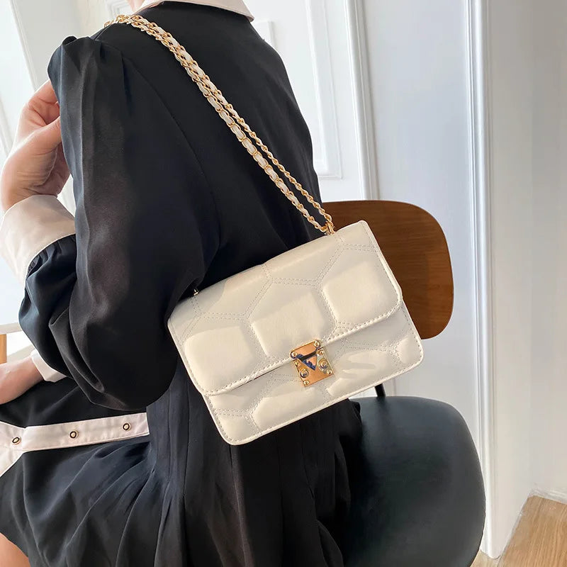 Embroidered Lock Chain Messenger Bag Small Square Shoulder Bag