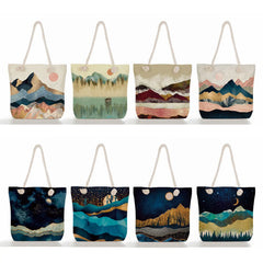 Linen Shopper Beach Shoulder Bag Oil Painting Mountain Print Tote