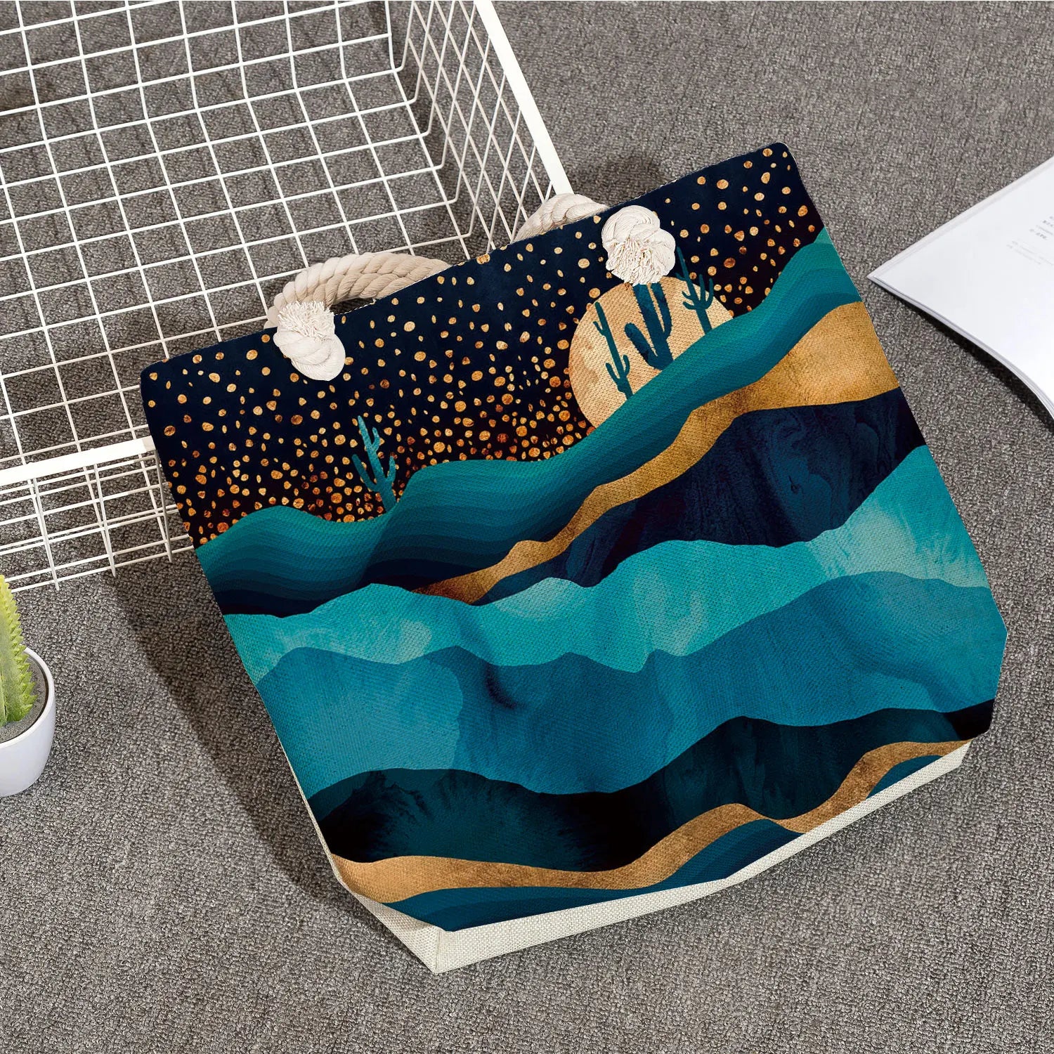 Linen Shopper Beach Shoulder Bag Oil Painting Mountain Print Tote