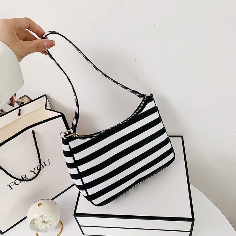 Vintage Leather Shoulder Bag Striped Street Shopping Handbag