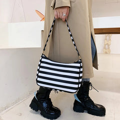 Vintage Leather Shoulder Bag Striped Street Shopping Handbag