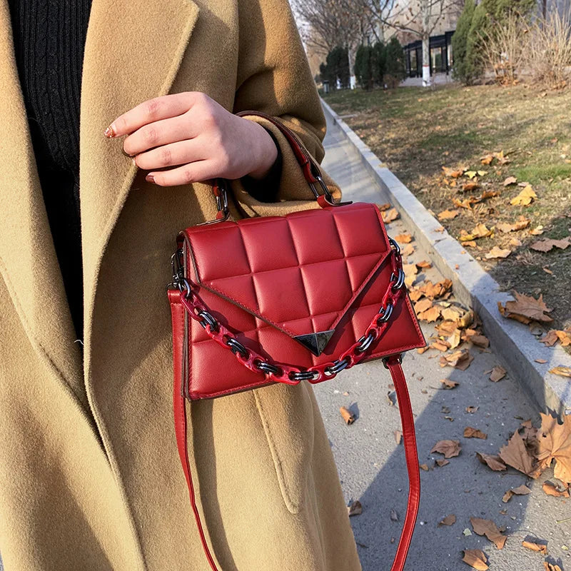 Small Square Bag PU Leather Women's Handbags Solid Lingge Shoulder Messenger