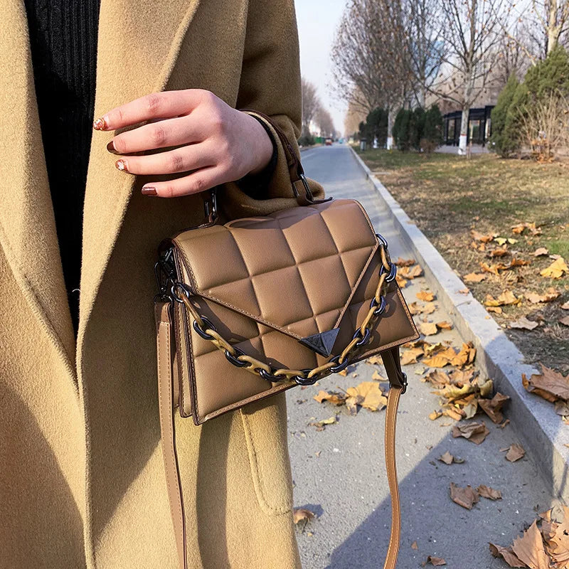 Small Square Bag PU Leather Women's Handbags Solid Lingge Shoulder Messenger