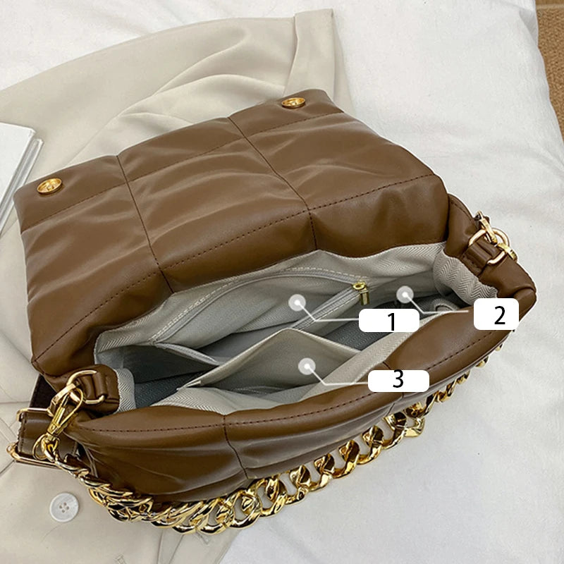 Soft Leather Messenger Bag Thick Chain High Space Padded Shoulder Bag