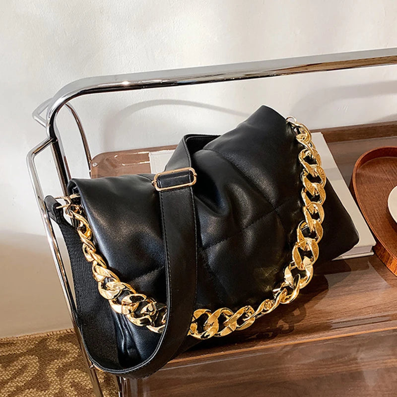 Soft Leather Messenger Bag Thick Chain High Space Padded Shoulder Bag