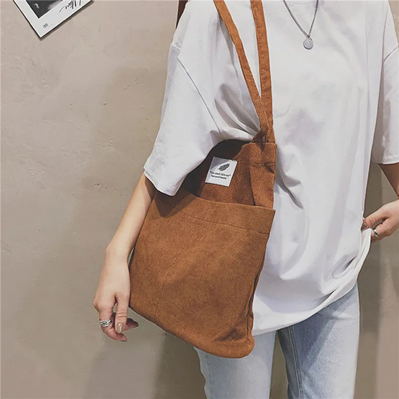Solid Corduroy Shoulder Bags Tote Crossbody Purses Handbag Bookbag