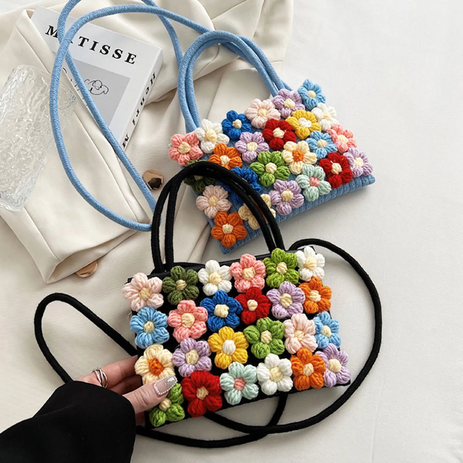 Bohemian Style Shoulder Bag with Colorful Flower Decor