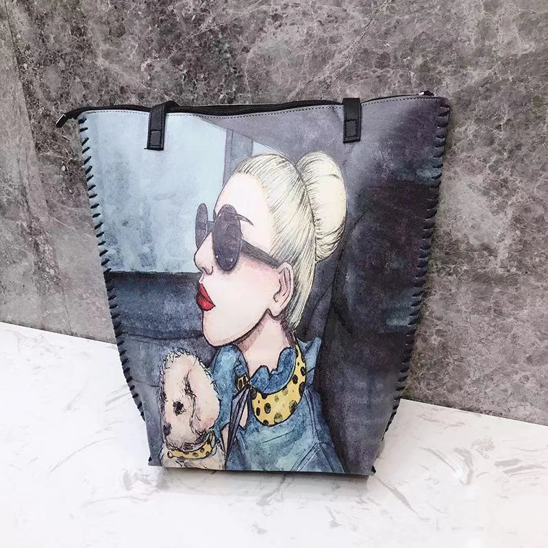 Cartoon Pattern PU Leather Handbag Shoulder Messenger Bag Large Capacity