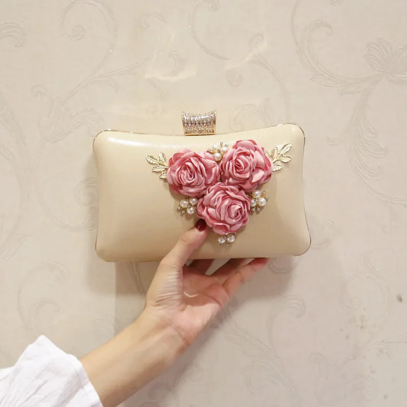 Diamonds Sequined Leaf Clutch Evening Bag with Chain Shoulder Flower Hand