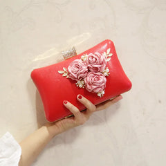 Diamonds Sequined Leaf Clutch Evening Bag with Chain Shoulder Flower Hand