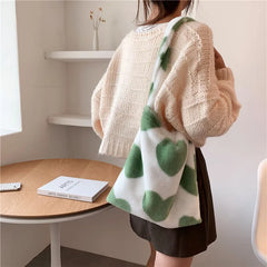 Winter Heart Print Faux Fur Shoulder Bag Soft Fluffy Tote Underarm Purse
