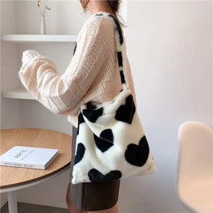 Winter Heart Print Faux Fur Shoulder Bag Soft Fluffy Tote Underarm Purse