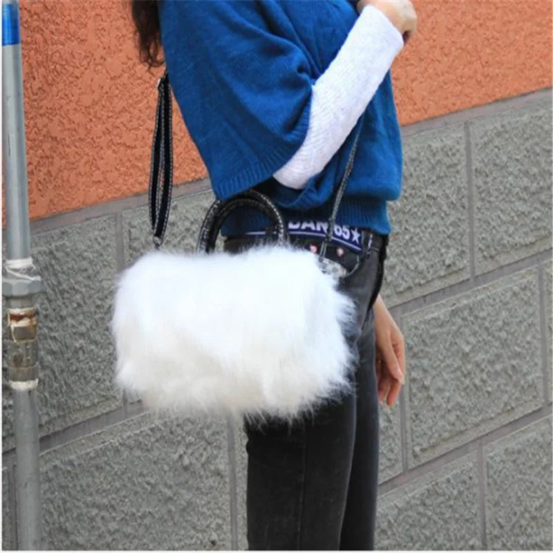 Lady Girl Pretty Faux Rabbit Fur Handbag Shoulder Messenger Bag Tote Women Long