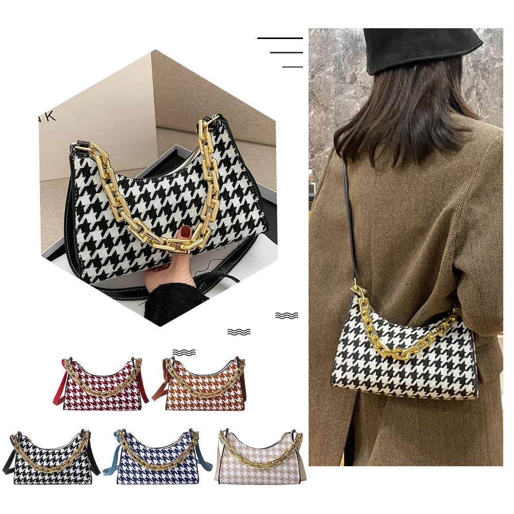 Vintage Houndstooth Chain Hobo Tote Bag