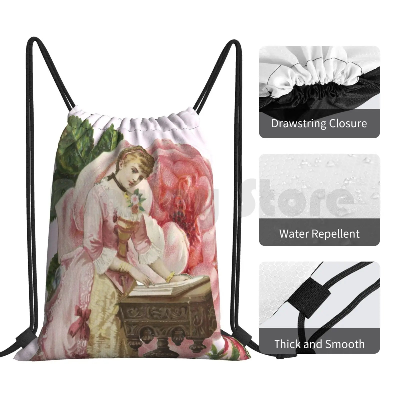 Pink Rose Backpack Drawstring Gym Bag Waterproof Vintage