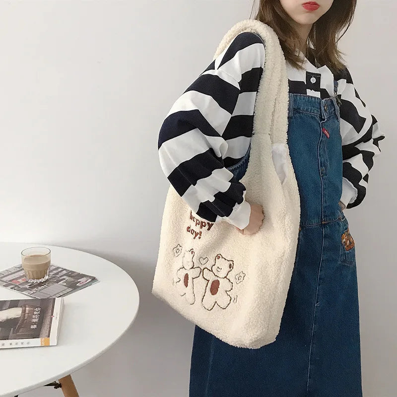 Lamb Women Canvas Shoulder Bag Soft Tote Large Capacity Shopping Bags