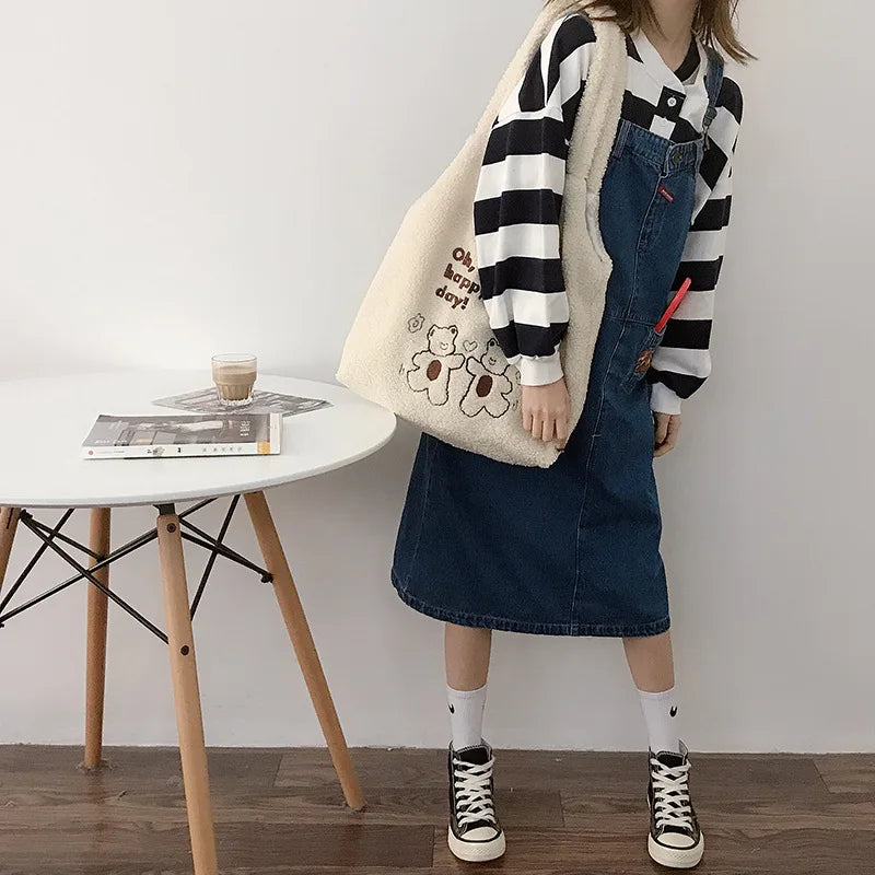 Lamb Women Canvas Shoulder Bag Soft Tote Large Capacity Shopping Bags