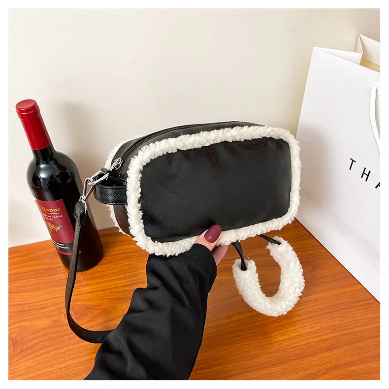 Vintage Lamb Wool Plush Crossbody Bag Square Shoulder Handbag