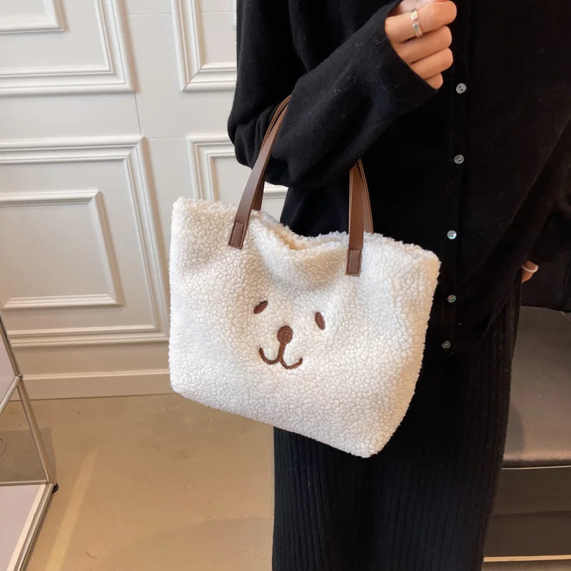 Cartoon Lamb Wool Tote Bag Underarm Shoulder Handbag