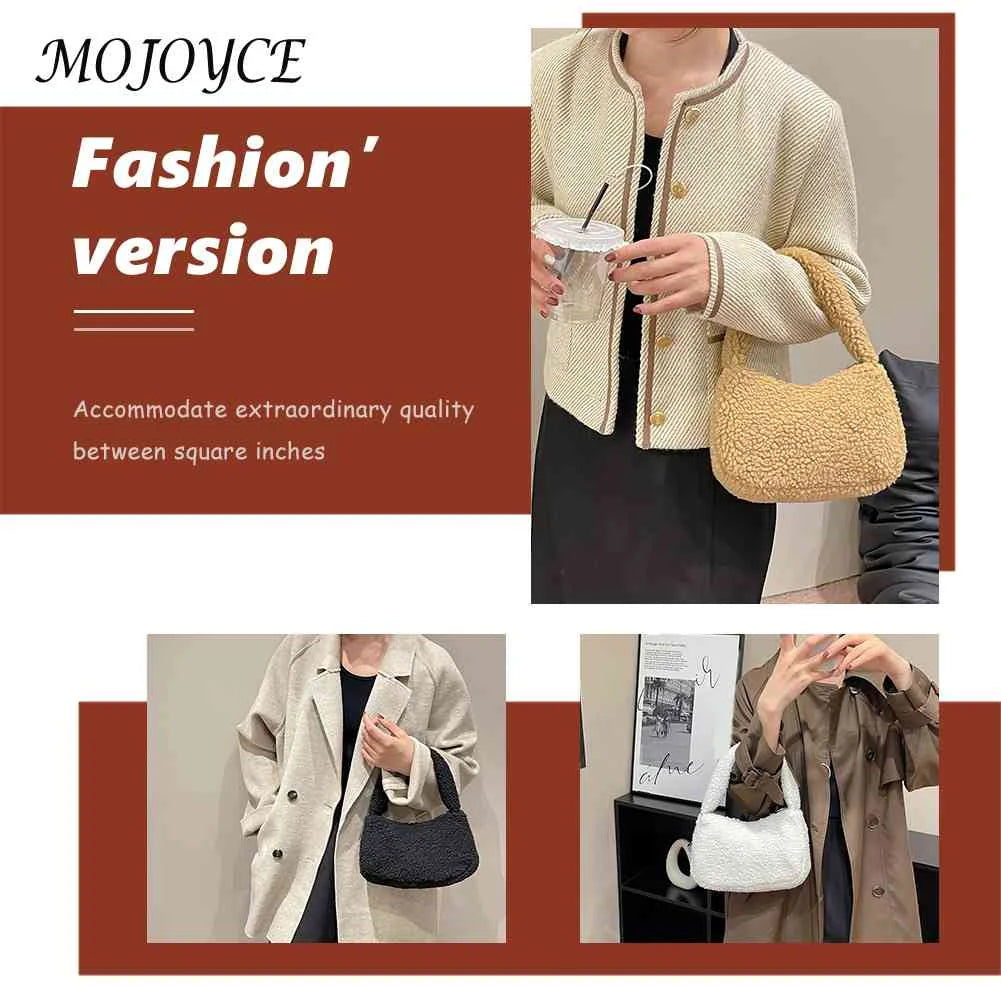 Soft Wool Underarm Bags Winter Tote Casual Portable Warm Zipper Solid