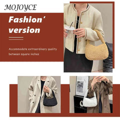 Soft Wool Underarm Bags Winter Tote Casual Portable Warm Zipper Solid