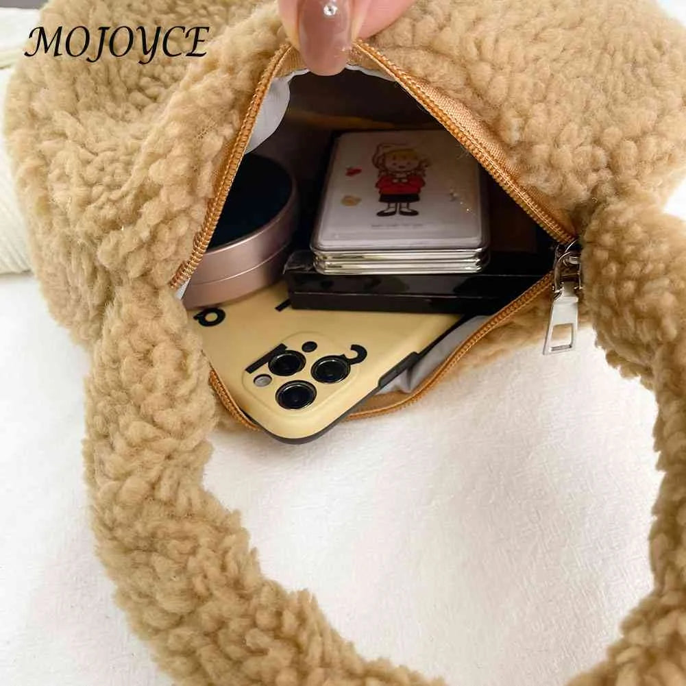 Soft Wool Underarm Bags Winter Tote Casual Portable Warm Zipper Solid