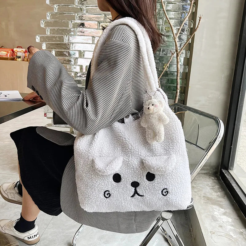 Lambswool Handbags Shoulder Bag Cartoon Embroidery Tote for Women