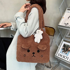 Lambswool Handbags Shoulder Bag Cartoon Embroidery Tote for Women