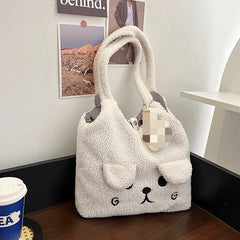 Lambswool Handbags Shoulder Bag Cartoon Embroidery Tote for Women