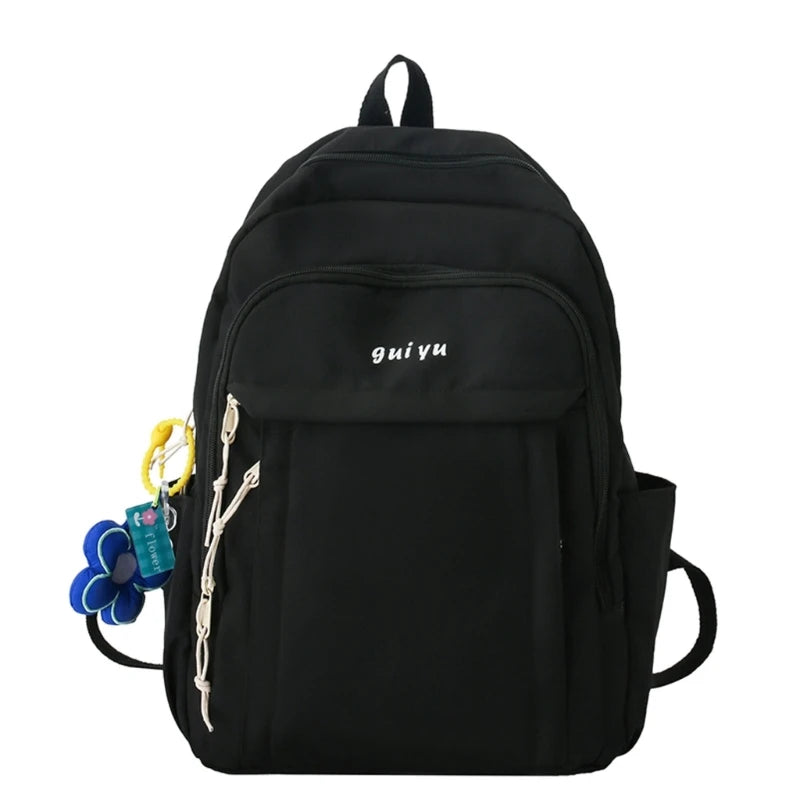 Large Capacity Backpack with Pendant Solid Nylon College Bookbag