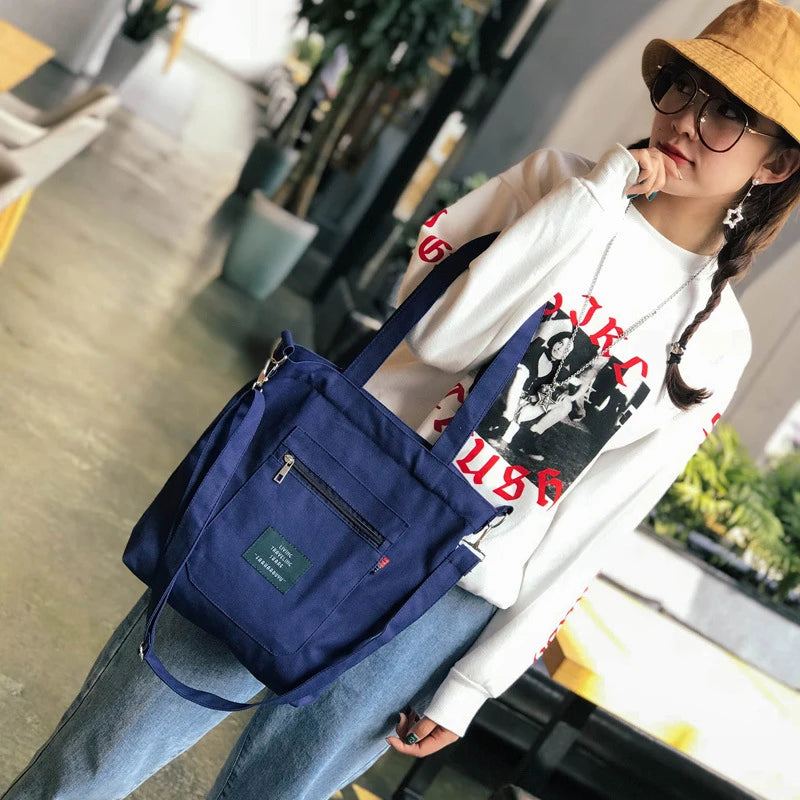 Canvas Shopping Bag Large Capacity Casual Tote Zipper Handbags for Women
