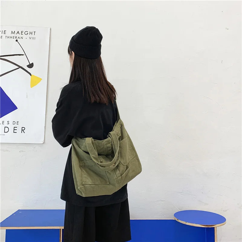 Large Capacity Canvas Shoulder Bag Soft Denim Travel Bag Women Fatchels Winter