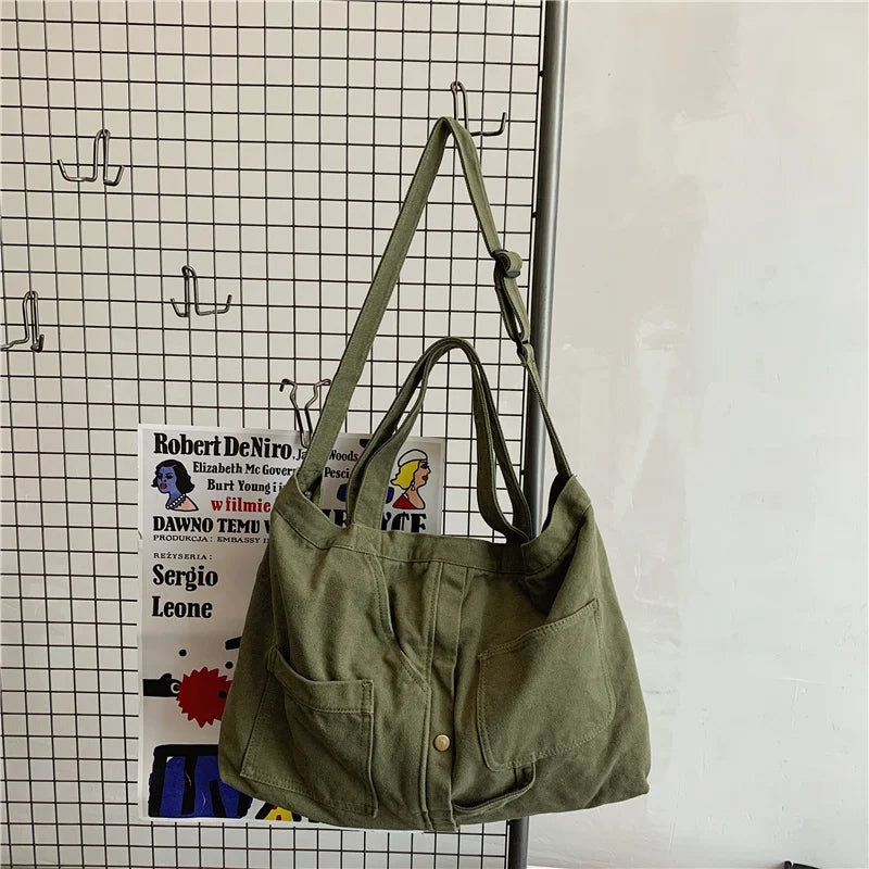 Large Capacity Canvas Shoulder Bag Soft Denim Travel Bag Women Fatchels Winter